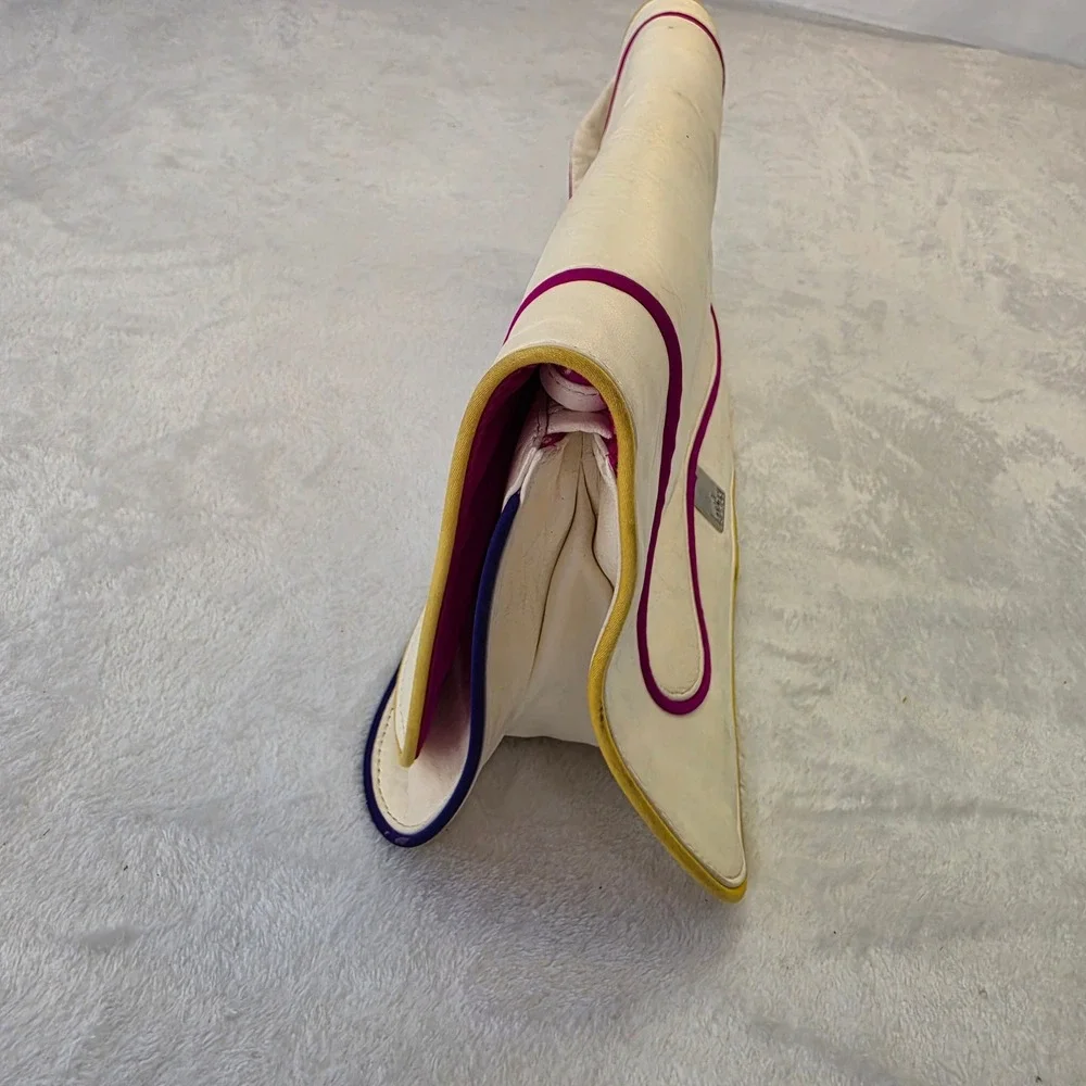 Kooba Leather Oversized Clutch Bag Cream with Multicolor Piping Wristlet Strap
